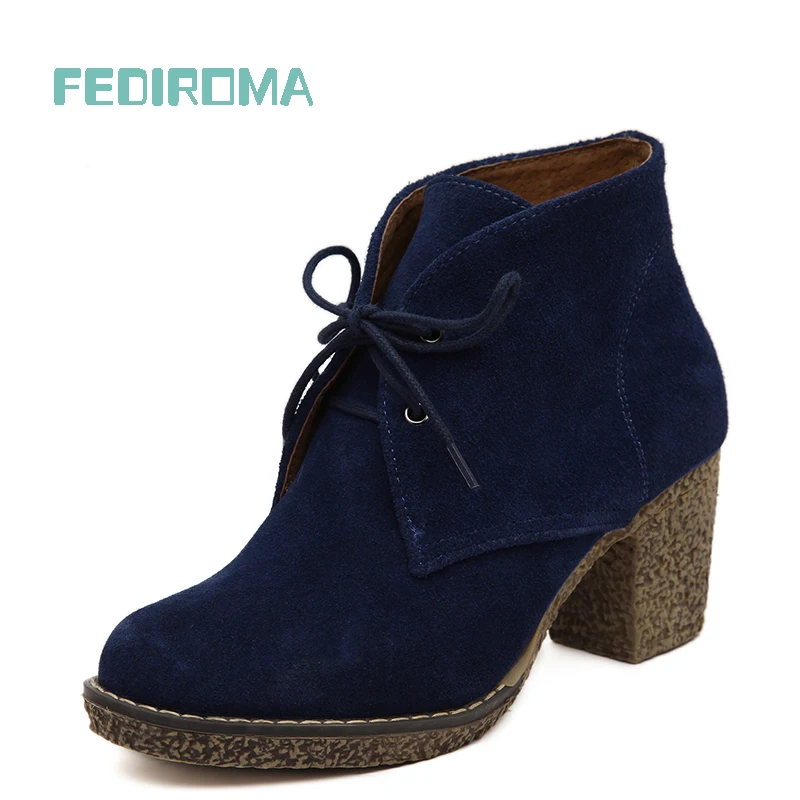 5 Colors Women Platform Ankle Boots Round Toe Lace-Up Winter Shoes Woman Genuine Leather Boots Ladies Autumn Boots Size 35-42
