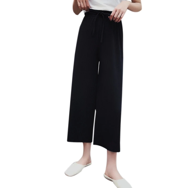 

New Ladies Drawstring Stretch Knit Wide Leg Pants Women High Waist Solid Color Loose Straight Comfy Long Pants 3 Colors S-XL