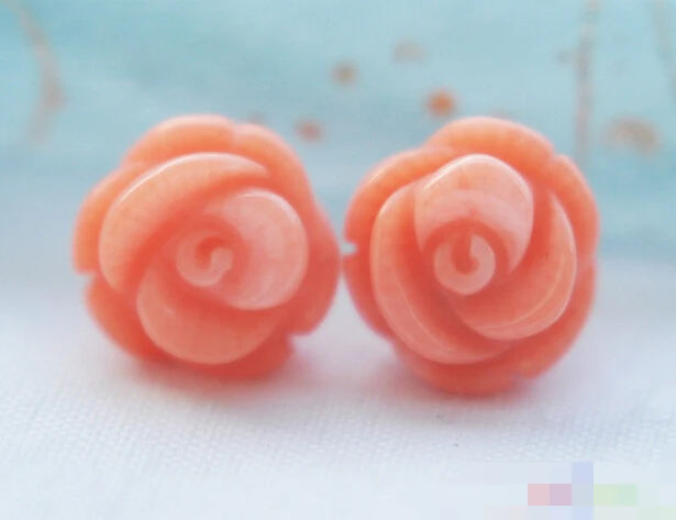 

Hot selling> free shipping 12771 Hand Carved pink coral rose stud earring -Bride jewelry free shipping
