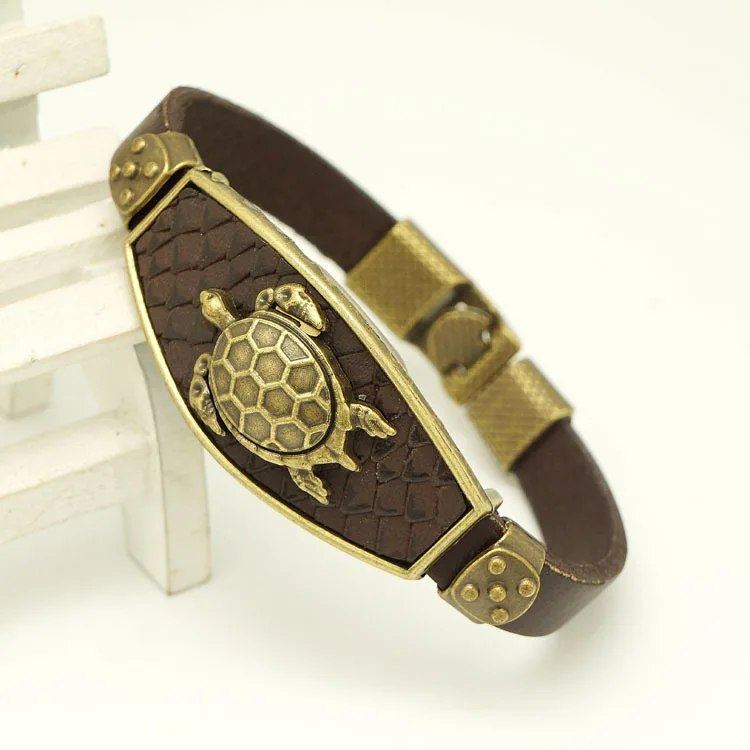 В европейском и американском стиле; Мода цинковый сплав счастливая черепаха кожи ручного пошива, браслет для Для мужчин Двухцветная - Окраска металла: Brown Leather