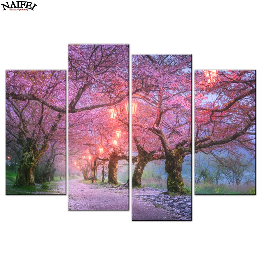 

4 Pcs/Set Pink Cherry Tree Diamond Painting Modern Natural Landscape Wall Art Picture for Living Decor DIY 5d Diamond Embroidery