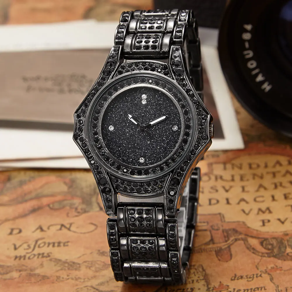 Koop 2016 Luxe Merk Ontwerp Dames Horloge Vrouwen Legering Staal Zwarte Armband Volledige Crystal Diamond Quartz horloge Klok Jurk Vrouwen Gift