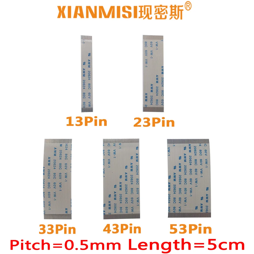 

FFC/FPC Flat Flex Cable 13Pin 23Pin 33Pin 43Pin 53Pin Same Side 0.5mm Pitch AWM VW-1 20624 20798 80C 60V Length 5cm 5PCS