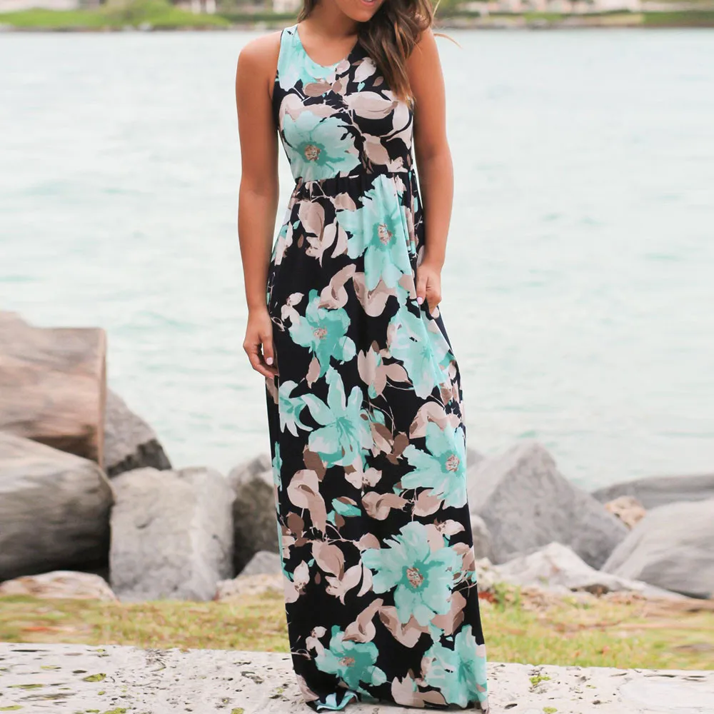 

Womens Summer Dress Ladies Sleeveless Floral Print Maxi Dress with Pockets Bohemian Boho Long Maxi Dress Evening Party Dress 45#