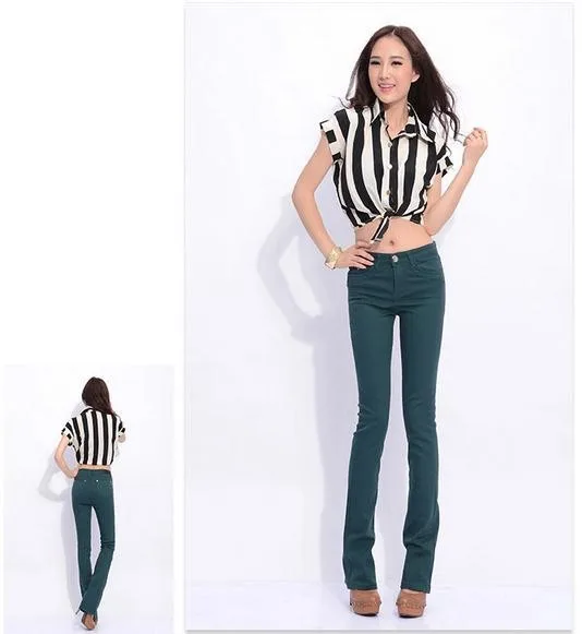Женские повседневные узкие яркого цвета брюки облегающие обтягивающие Стрейчевые джинсы, 10 цветов слегка расклешенные брюки