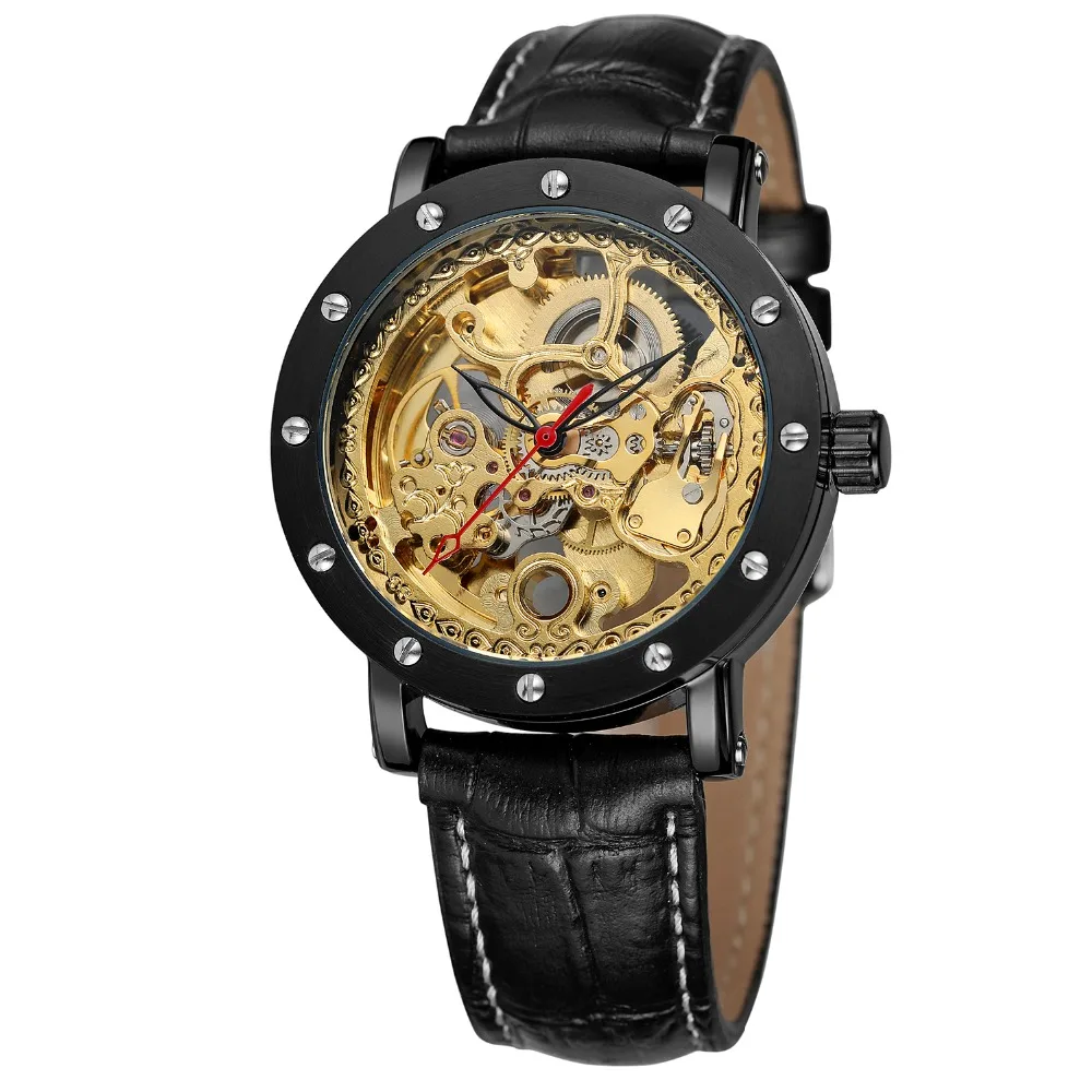 

Royal Flower Carving Gear Golden Movement Transparent Black Case Genuine Leather Mens Mechanical Self Wind Watch Water Resistant