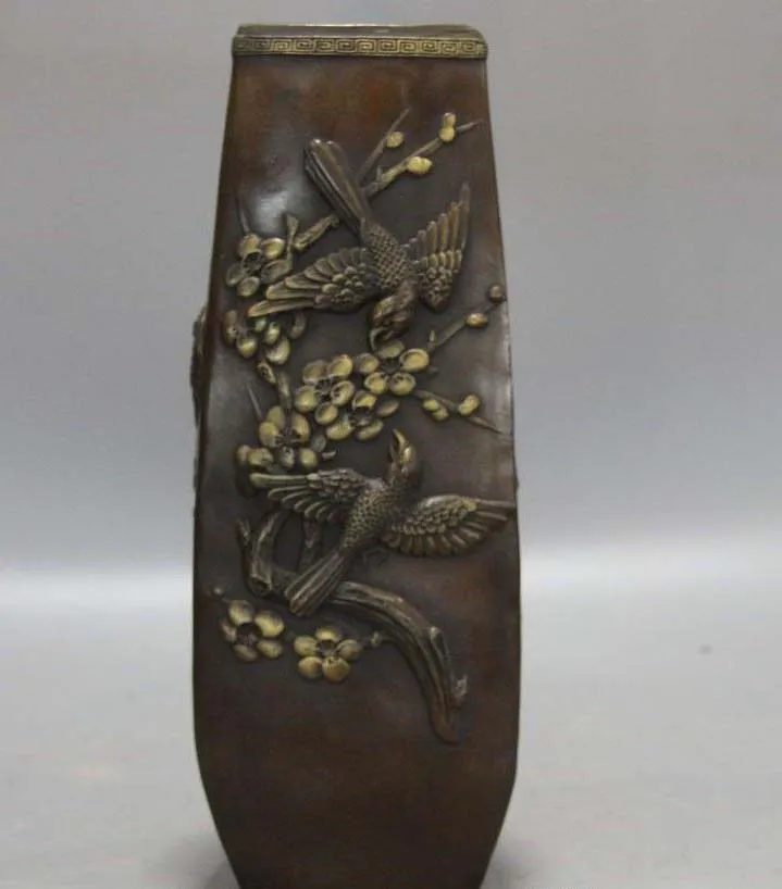 

11 China Bronze Copper Statue Magpie Plum Bird Crane Lotus Flask Pot Bottle Vase