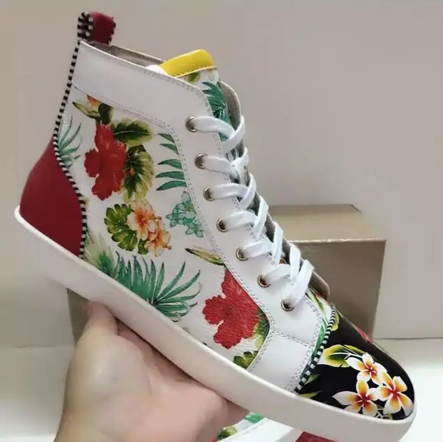 

2019 Top Fashion High Top Flowerts Print Leather Men Casual Shoes Lace Up Brand Runway Shoes man Sapatos Flats big 46