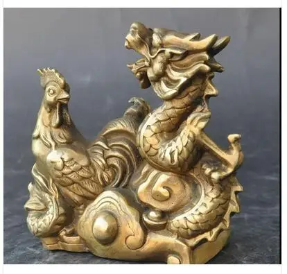 

wholesale bronze factory 6"Chinese Feng Shui Lucky Brass Wealth Zodiac Year Rooster Cock Dragon Statue decoration