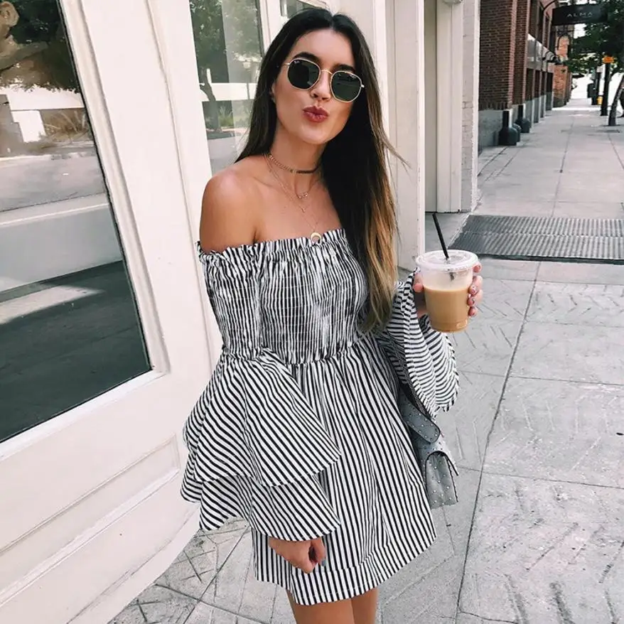 

Charmed Womens Holiday Off Shoulder Stripe Party Dress Ladies Casual Double layer Flare Long Sleeve Dress Vestidos Femininos qy*