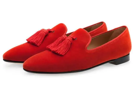 Lonelinecc/Роскошные замшевые тапочки; мужские лоферы с кисточками; велюровые мужские туфли без шнуровки на плоской подошве для вечеринки и свадьбы; Мужские модельные туфли - Цвет: Red