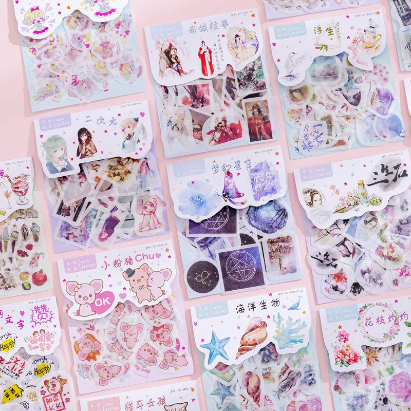 

Cute Ins Cartoon Anime Girl Chinoiserie Town Cate Pig Plant Flowers Washi Sticker Decorative Stickers Scrapbook DIY Diary Album