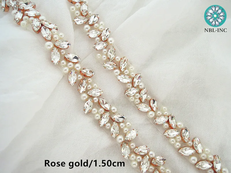 1 YARD) Silver clear bridal beaded crystal rhinestone applique trim belt  gold sewing iron on for wedding dress clothing WDD0278