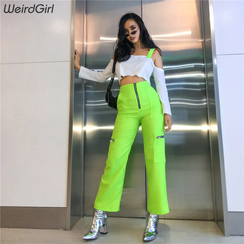 Weirdgirl النساء عارضة السراويل الطويلة الأزياء عالية الخصر زيبر يطير مستقيم الشارع الشهير الإناث قيعان الأخضر سيدة السراويل جيوب