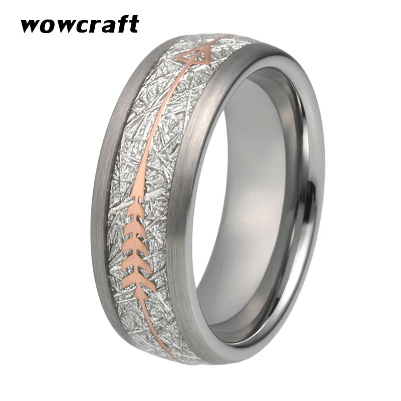 

8mm Silver/Gold/Rose Gold Tungsten Steel Rings for Men Women Wedding Bands Arrow Inlay Meteorite Inlay Matte Finish Comfort Fit