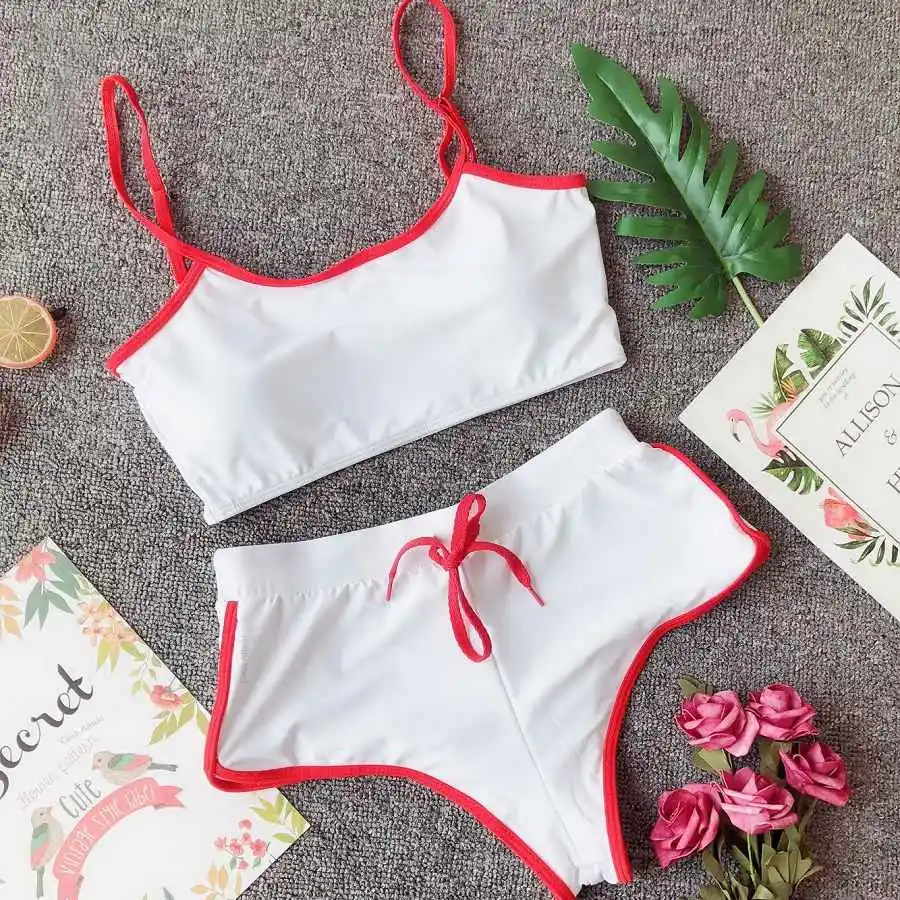

Sport Type Two Piece Swimsuit Women Spagetti Strap Sporty Retro Bikini Set With Shorts High Cut Push Up Swimwear Bathing Suits