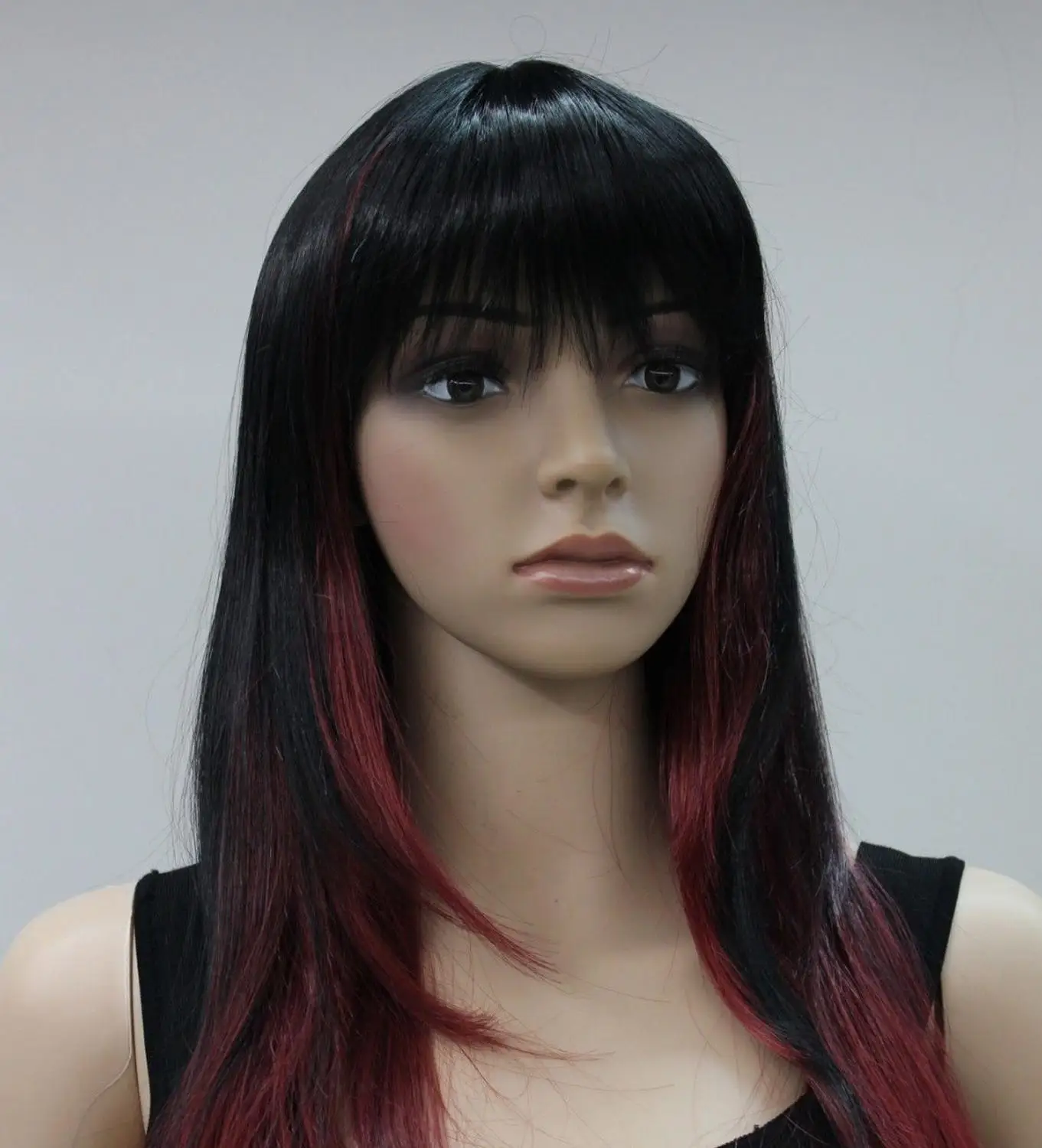 Стильный Черный + Красный Смешанный Длинные Прямые Женщины Дамы Daily парик Челка