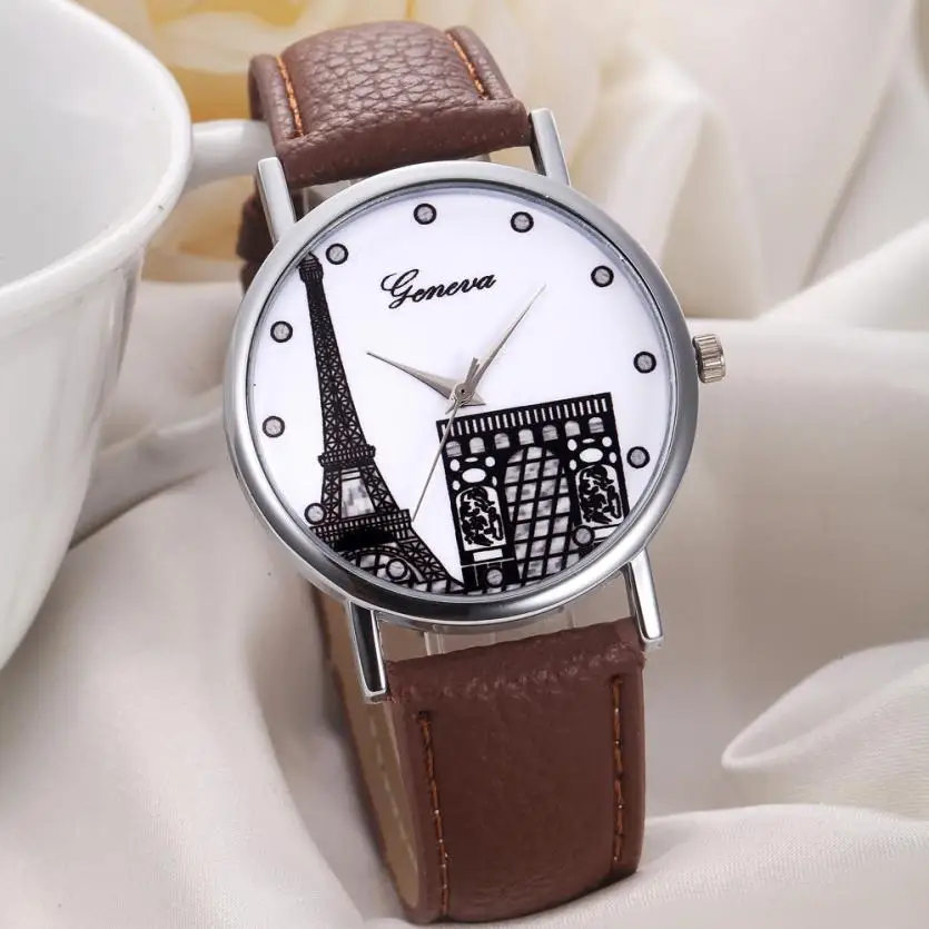 

Hot Unique Women Watches Geneva Eiffel Tower Dial Leather Band Analog Quartz Wrist Watch Watches Drop Shipping F20
