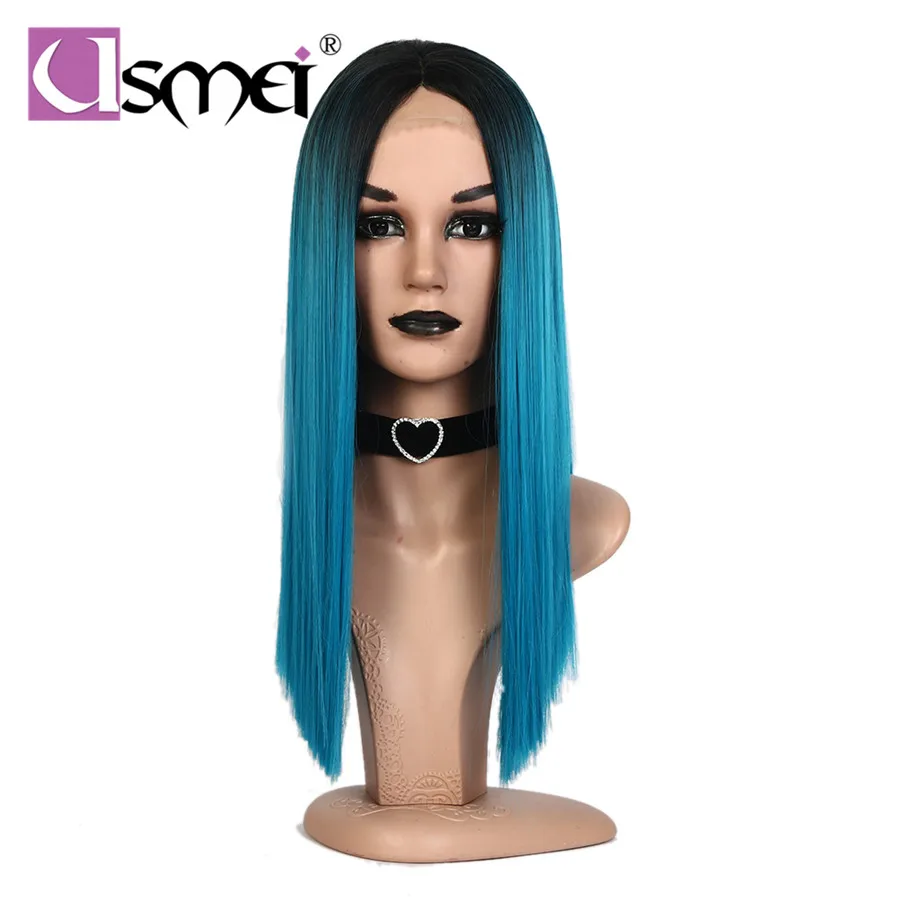 Us 40 46 40 Off Usmei 18 Inch High Temperature Fiber Hair Ombre Dark Roots To Blue Color Hand Tied Synthetic Lace Front Wigs L1822 In Synthetic Lace