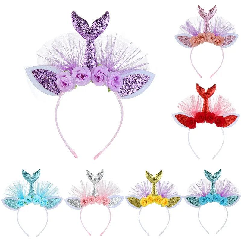 

Mermaid handmade flowers children's headband little girl tiara hair accessories birthday holiday gifts Halloween party jewelry