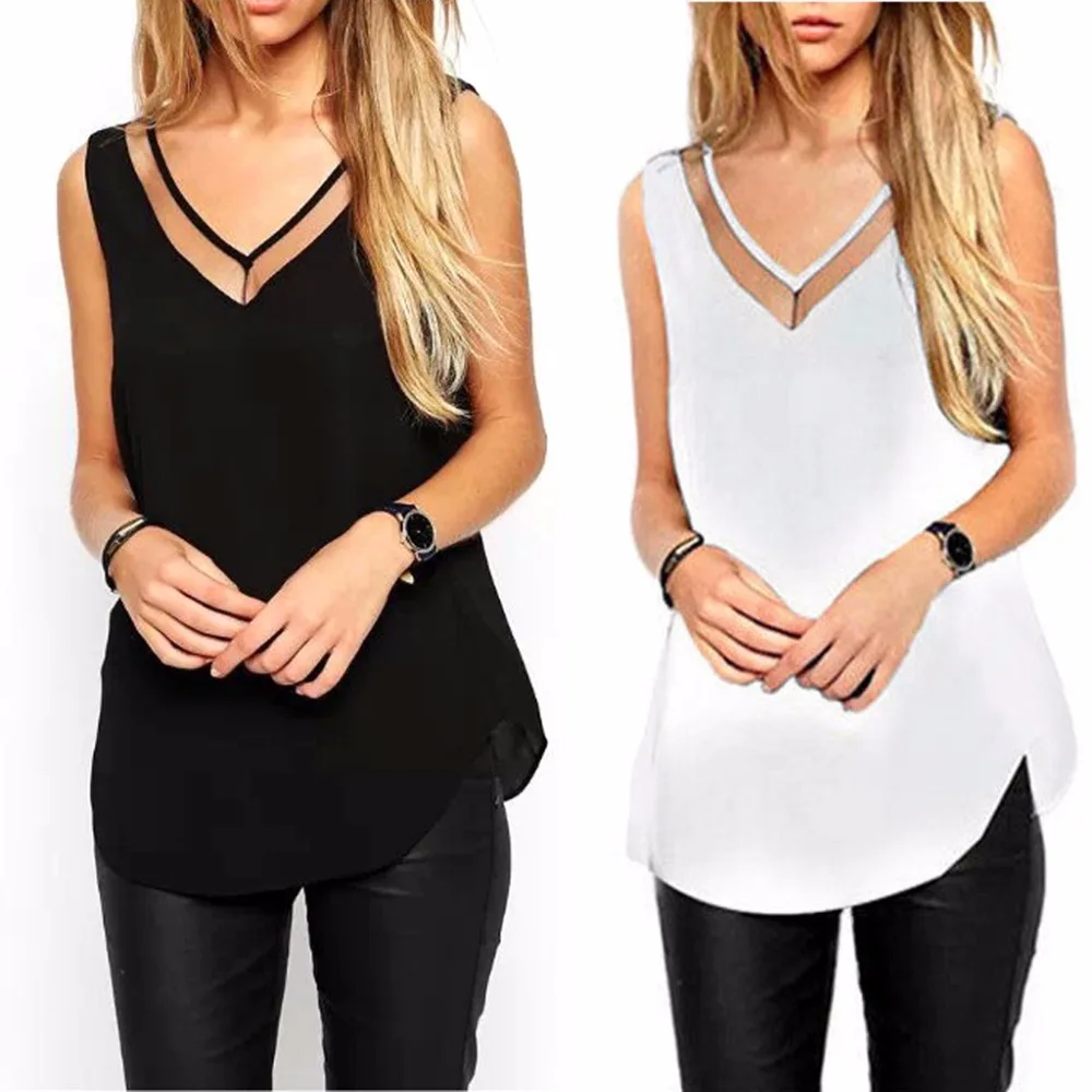 

New Summer Casual Women V-Neck Vest Loose Chiffon Sleeveless Tank T-Shirt Top