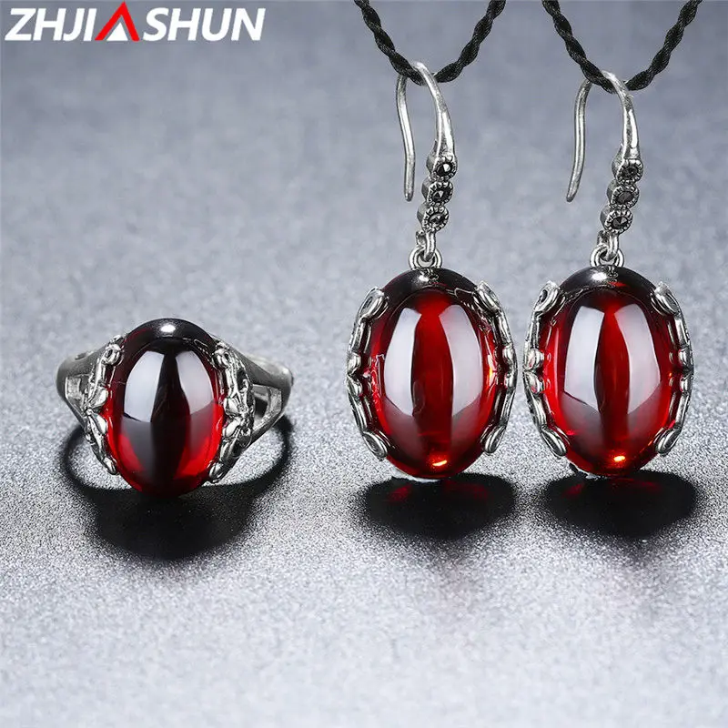 

ZHJIASHUN Garnet 925 Sterling Silver Flower Earrings Rings Jewelry Set Red Stone Drop Earrings Dangles for Women Female