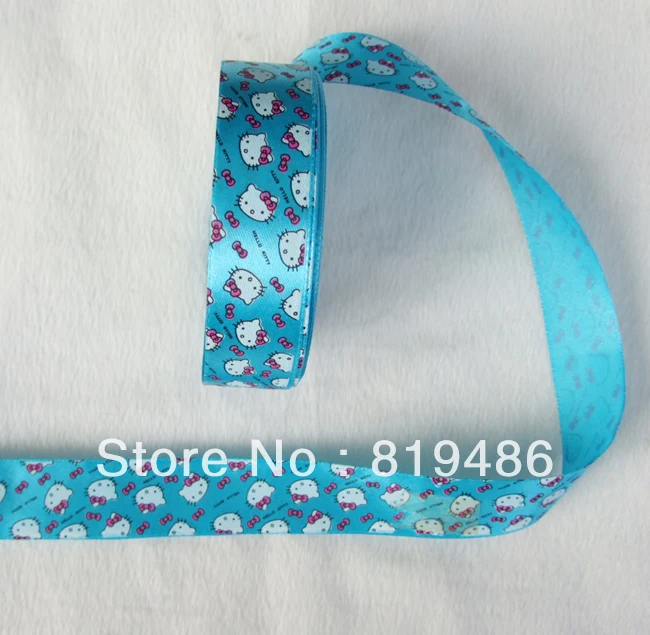 

Free shipping 5Yards/Lot 1 inch width cute Hello Kitty printed Seablue color bottom Satin ribbon