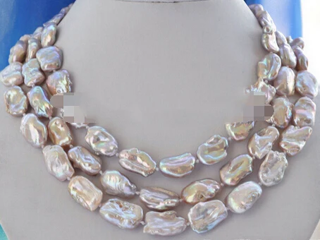 

Free shipping 3row 20mm LAVENDER BAROQUE KESHI REBORN biwa PEARL NECKLACE