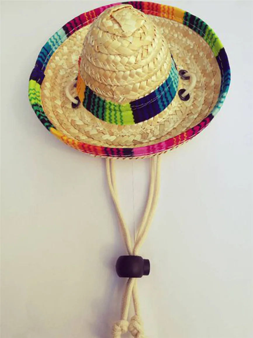 Многоцветная соломенная шляпа для домашних животных, собачья кошка, мексиканская соломенная шляпа-сомбреро, костюм с регулируемой пряжкой для домашних животных, дропшиппинг - Цвет: Cotton Rope Adjustme
