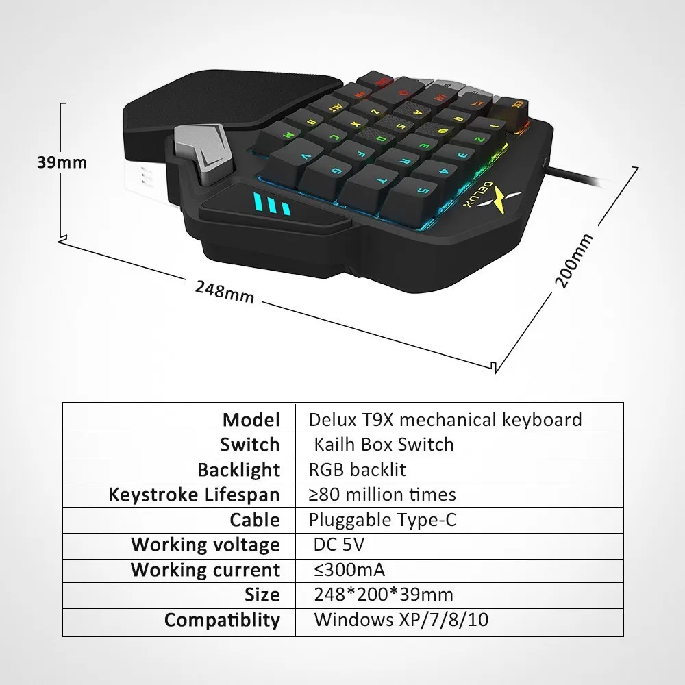  Delux T9X Single-handed Mechanical Gaming keyboards fully programmable USB wired keypad with RGB ba