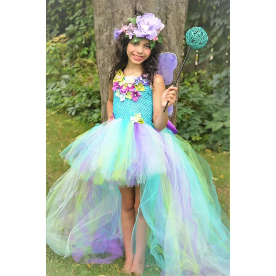 Kids Princess Multi Colored Flowers Long Tail Tutu Dress Baby Girls (10)