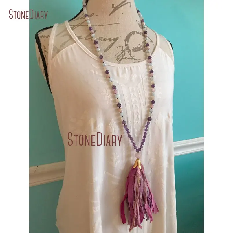 20180313-NM11117-Aquamarine, Amethyst, Kunzite, and Moonstone Mala Necklace Sari Silk Tassel Hand knotted 108 Mala Beads Boho Tassel Jewelry Gemstone Mala_1