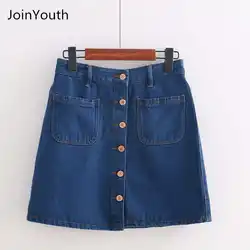 JoinYouth Женская мода джинсовая синяя однобортная юбка женская весна лето трапециевидный карман Милая облегающая мини-юбка