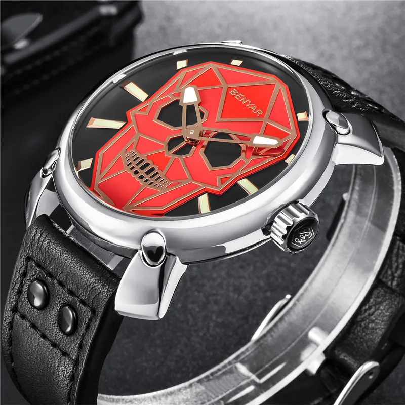 

New Men Gold Skull Watch Cool Punk Fashion Casual Wristwatch Luxury Brand Sport Leather Quartz Men Clocks Relogio Masculino