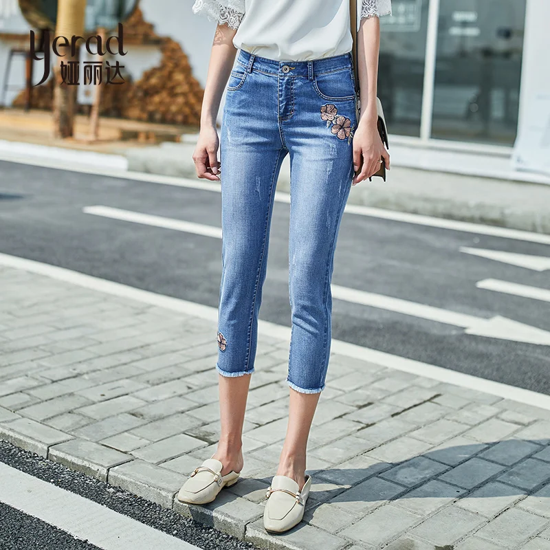 YERAD вышивка Тонкий женские джинсы карандаш 2019 летние эластичные, высокая посадка до середины икры Длина джинсовые штаны брюки с кисточками
