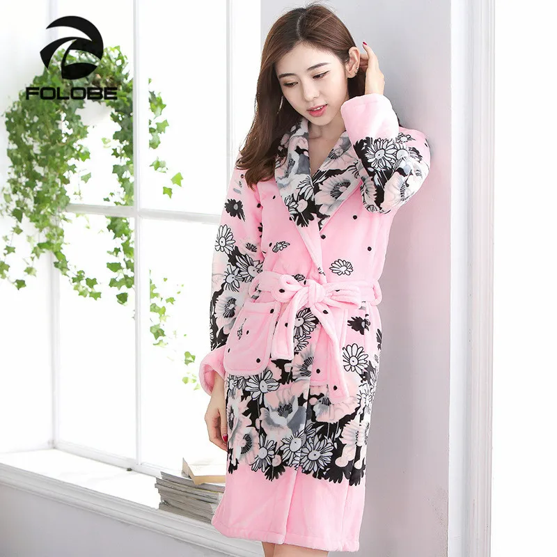 FOLOBE Robes for women Coral Fleece Long Sexy Pink Pajamas Flannel