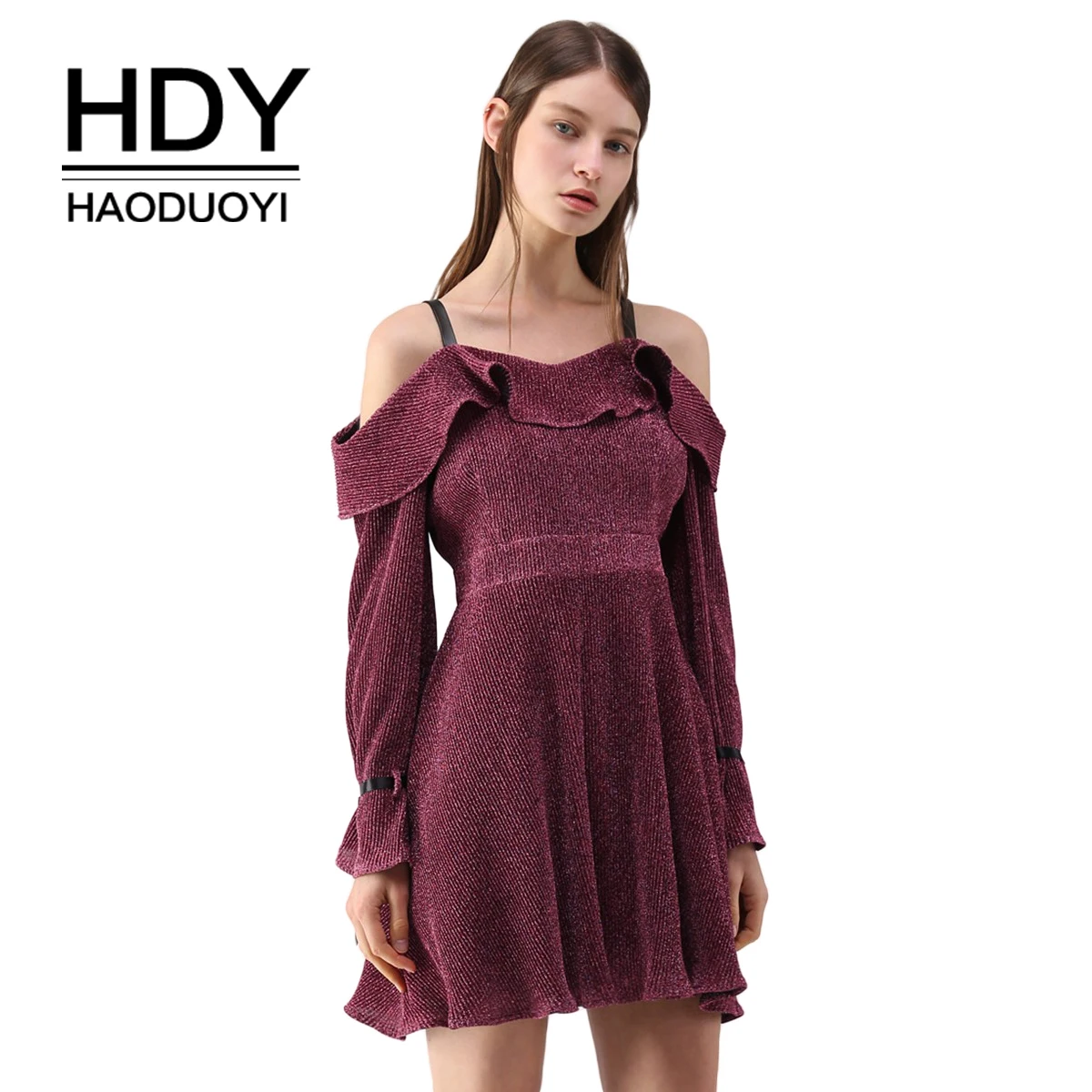 HDY Haoduoyi женское мини-платье с вырезом лодочкой открытыми плечами и оборками
