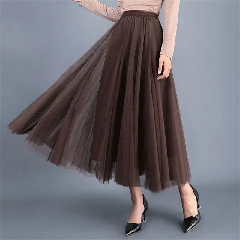 Женские длинные юбки в стиле Харадзюку, розовая Тюлевая юбка макси, элегантная юбка с высокой талией, уличная юбка-пачка, плиссированная юбка для женщин, Jupe Femme Q1202