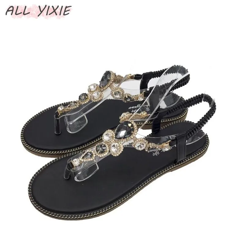 

ALL YIXIE Summer Woman Open Toe Leather Flat Sandals Beach Rhinestone Female Slippers Slides Comfortable Flat Shoes Chaussure