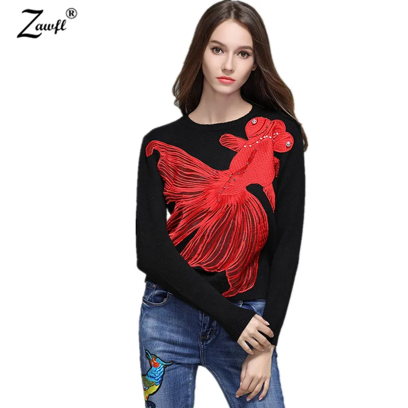 

ZAWFL 2019 Spring Runway embroidery red goldfish applique knitted Long sleeves Sweater women new clothing