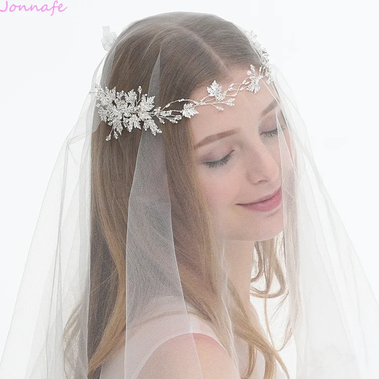 

Jonnafe Tiny Beads Bridal Headpiece Silver Headband Leaf Wedding Hair Crown Vine Hair Accessories For Women