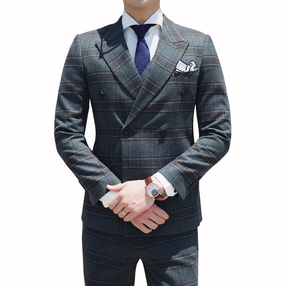 

2019 Autumn British Style Terno Slim Fit 3-piece Set Terno Masculino Plaid Suits Vintage Suits Mens Dinner Jackets Mens Suits