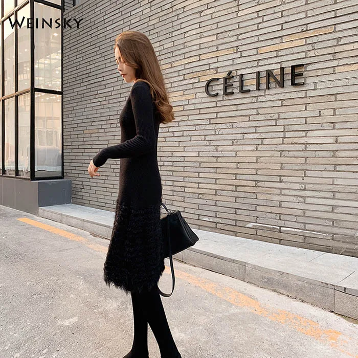 Women Knitted Sweater And Pullovers Korean Fashion Style Dress Winter And Autumn New Solid Knitted Dress - Цвет: Черный