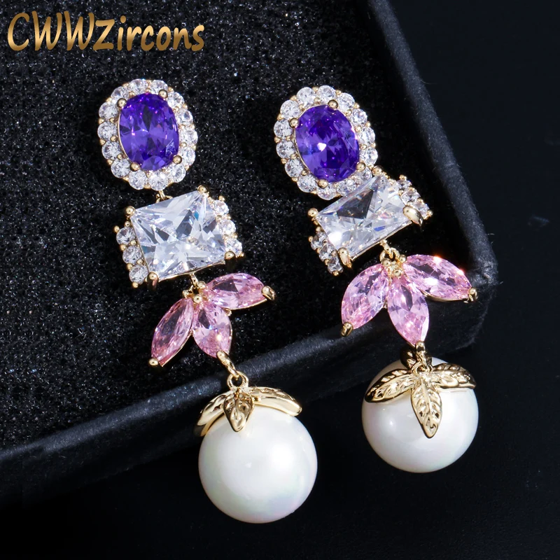 

CWWZircons Brand Yellow Gold Color Sparkling Purple Pink CZ Crystal Long Pearl Drop Earrings 925 Sterling Silver Post CZ431