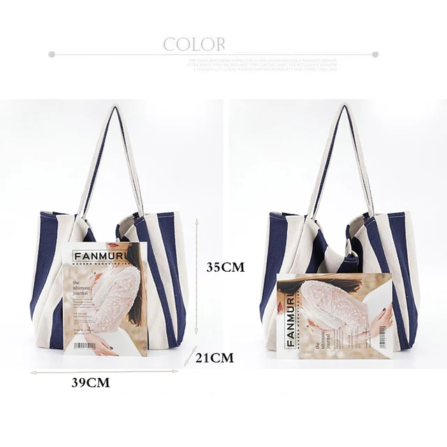 Women Canvas Large Shopping Bag Fashion Striped Cloth Reusable Tote Bag Leisure Shoulder Large Capacity Eco Shopper Bags 4
