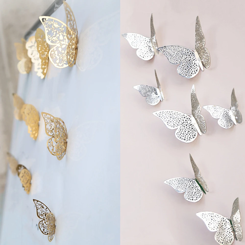 12 шт. 3D полые золотые и серебряные толстые бумажные наклейки на стену бабочка на холодильник магнит для детской комнаты украшения дома