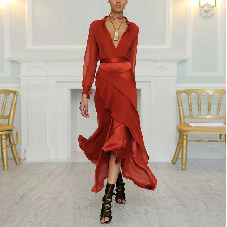 

Sexy Dress Deep V Long Sleeve Perspective Evening Maxi Dress Plus size 3XL
