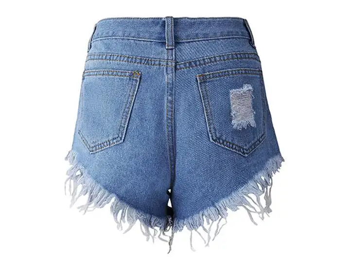 Лето 2017 г. шорты для женщин Мода для Винтаж рваные сексуальное с завышенной талией джинсовые шорты кнопка карман отверстие светло голубой