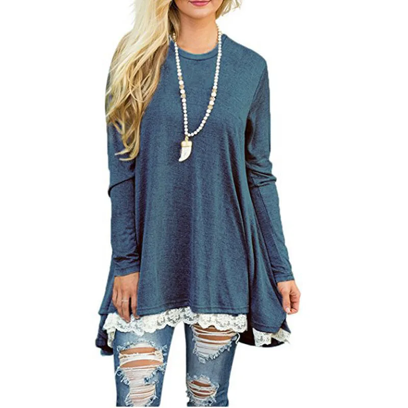 

Spring and autumn dress hot style large size round collar pullover lace stitching long sleeve big swing loose ladies dress