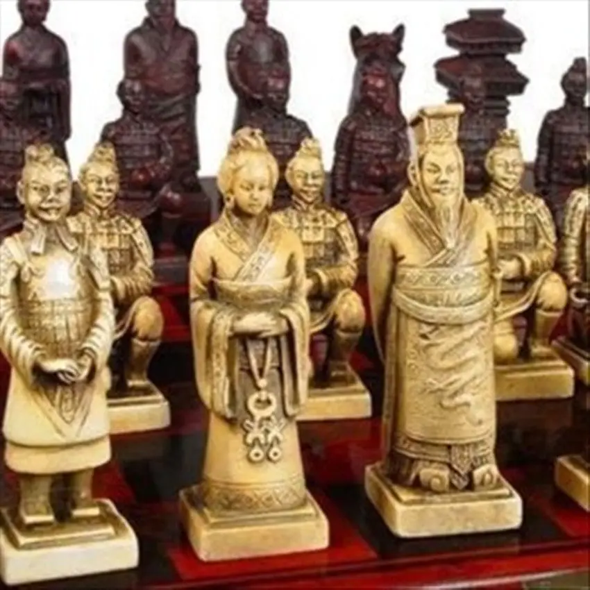 Набор изысканных китайских 32 шт. Terra-Cotta Warriors статуя шахмат с антикварным драконом Фениксом коробка